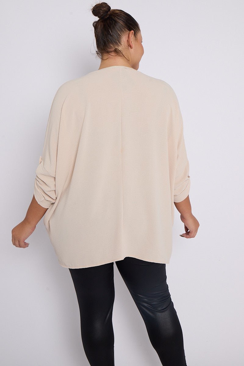 Anya PLUS SIZE Beige V Neck Contrast Trim 3/4 Turn Sleeves Top With Pockets - Pinkpie