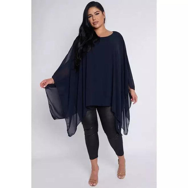 Dahlia Plus Size Navy Sheer Cape Batwing Style Women Top UK Pinkpie