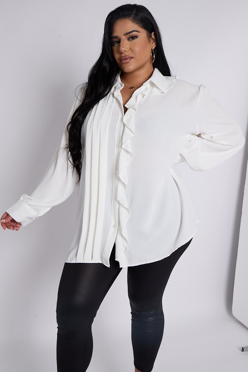 June Plus Size Pleat Ruffle Women Shirt UK Black White Pinkpie